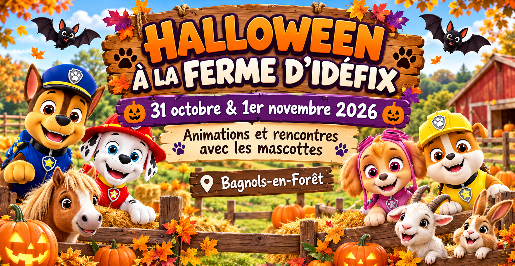 Halloween à la Ferme d’Idéfix : animations et mascottes à Bagnols-en-Forêt